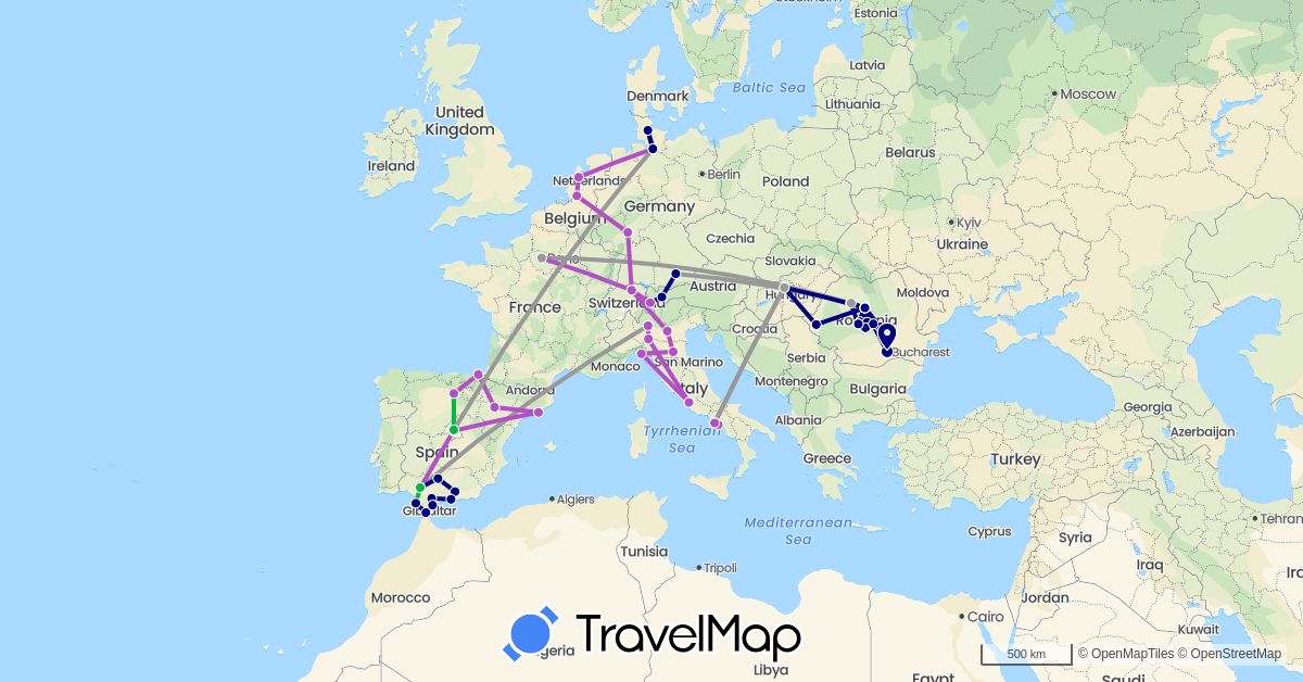 TravelMap itinerary: driving, bus, plane, train in Austria, Switzerland, Germany, Spain, France, Hungary, Italy, Netherlands, Romania (Europe)